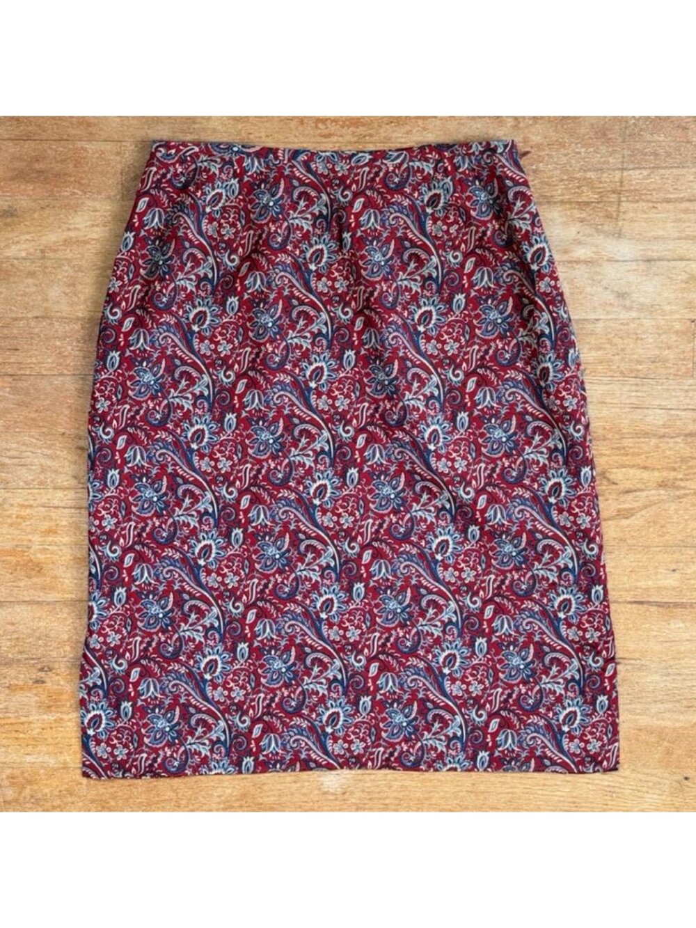 Vintage Paisley Floral Print Skirt Size Small 27" Waist 90s Red/Blue Rayon